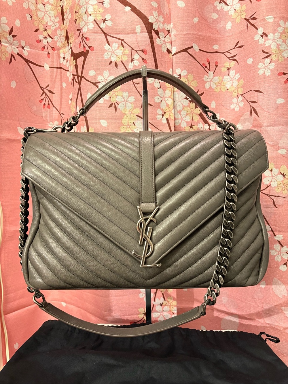 Saint Laurent YSL Chevron Large College Flap Shoulder Handbag Bag Grey